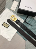 Black Leather Belt with Gold-Tone Buckle