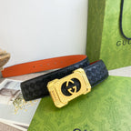 Black Woven Belt with Gold GG Buckle and Orange Lining Width 3.8cm