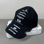 Black cotton multi‑logo embroidery cap with sculpted brim