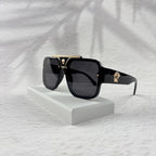 Oversized Flat-Top Sunglasses - Luxury Gold-Accent Shield Shades