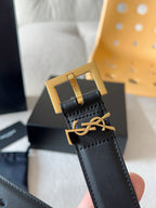 Black Leather Belt with Gold Buckle