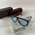 Modern Oversized Aviator Sunglasses, Glossy Black Frame & Blue Lens