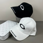 Black cotton cap with white oval emblem embroidery