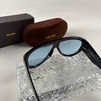 Modern Oversized Aviator Sunglasses, Glossy Black Frame & Blue Lens