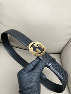 Sleek Black Leather Belt – Gold Statement Buckle & Monogram Embossed Texture | 4cm Width