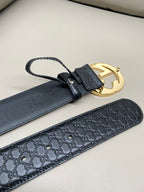 Sleek Black Leather Belt – Gold Statement Buckle & Monogram Embossed Texture | 4cm Width