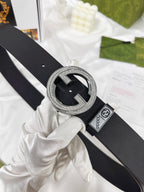 Elegant Black Leather Belt – Crystal-Encrusted Round Buckle | Luxury Women's Belt