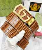 Croc-Embossed Leather Belt – Gold Geometric Buckle | Premium Men's Belt