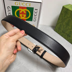 Black Leather Belt with Silver GG  Buckle