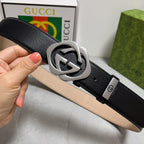 Black Leather Belt with Silver GG  Buckle