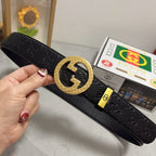 Black Leather Belt with Gold Buckle Width 3.8cm
