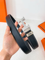 Premium Black Leather Belt with Silver H Buckle