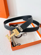 Luxury Black Leather Belt with Gold H Buckle Width 3.5cm